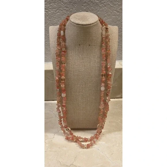 Vintage Rose Quartz Dual Strand 27" Sterling Silver Toggle Clasp Necklace - Picture 1 of 4